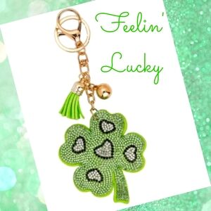 Bling Rhinestone 4 Leaf Clover Shamrock Puffy Tassel Keychain
